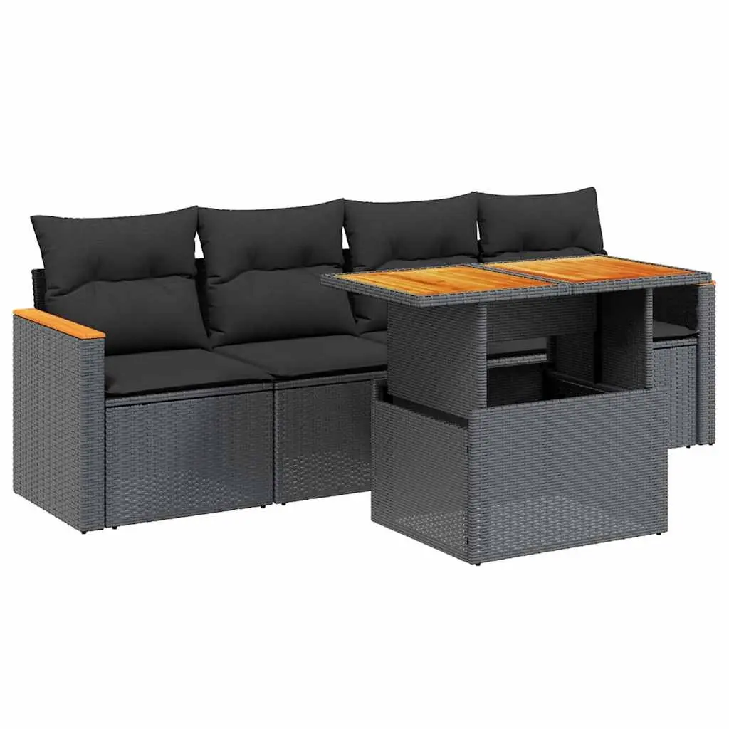 5 Piece Garden Sofa Set with Cushions Black Poly Rattan 3272952 - Furniture