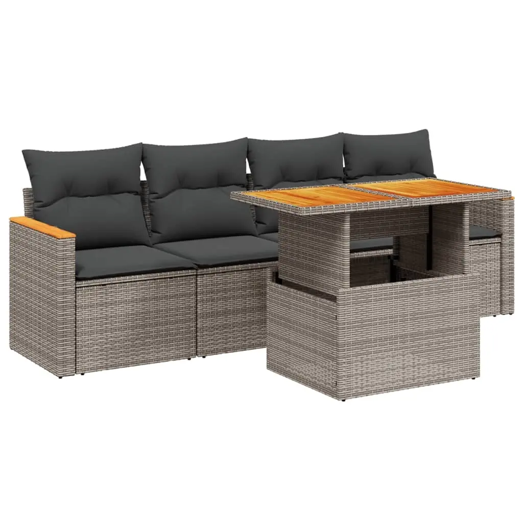 5 Piece Garden Sofa Set with Cushions Grey Poly Rattan 3272957 - Furniture