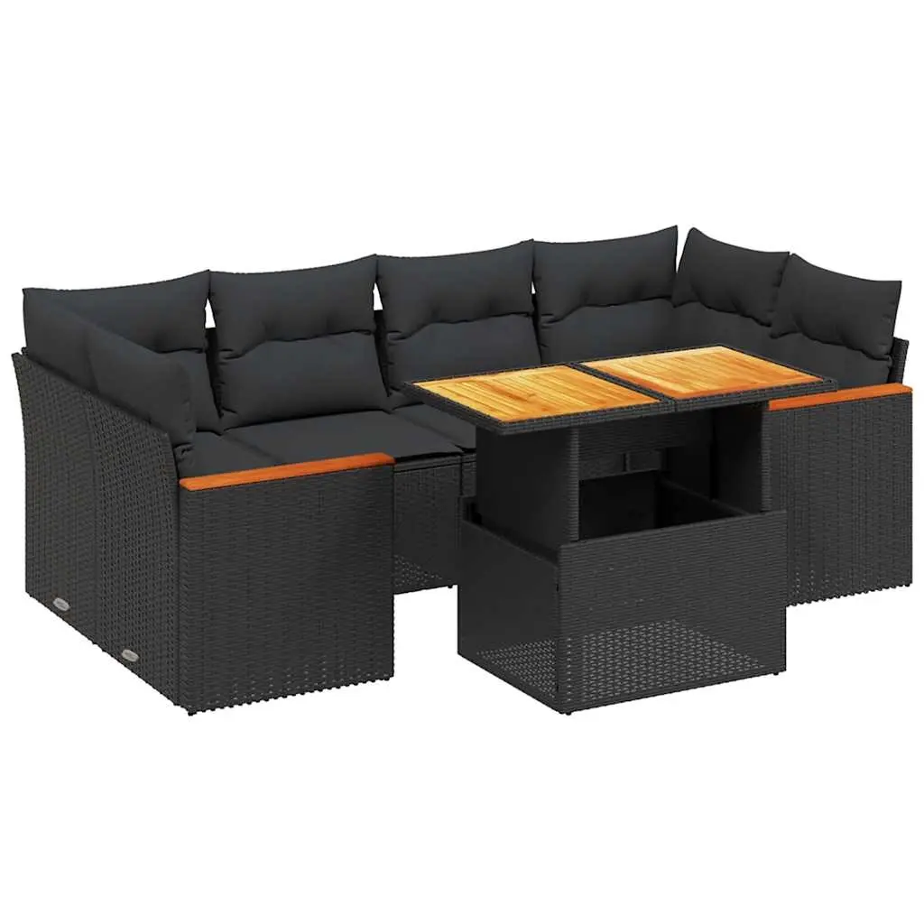 7 Piece Garden Sofa Set with Cushions Black Poly Rattan 3272973 - Furniture