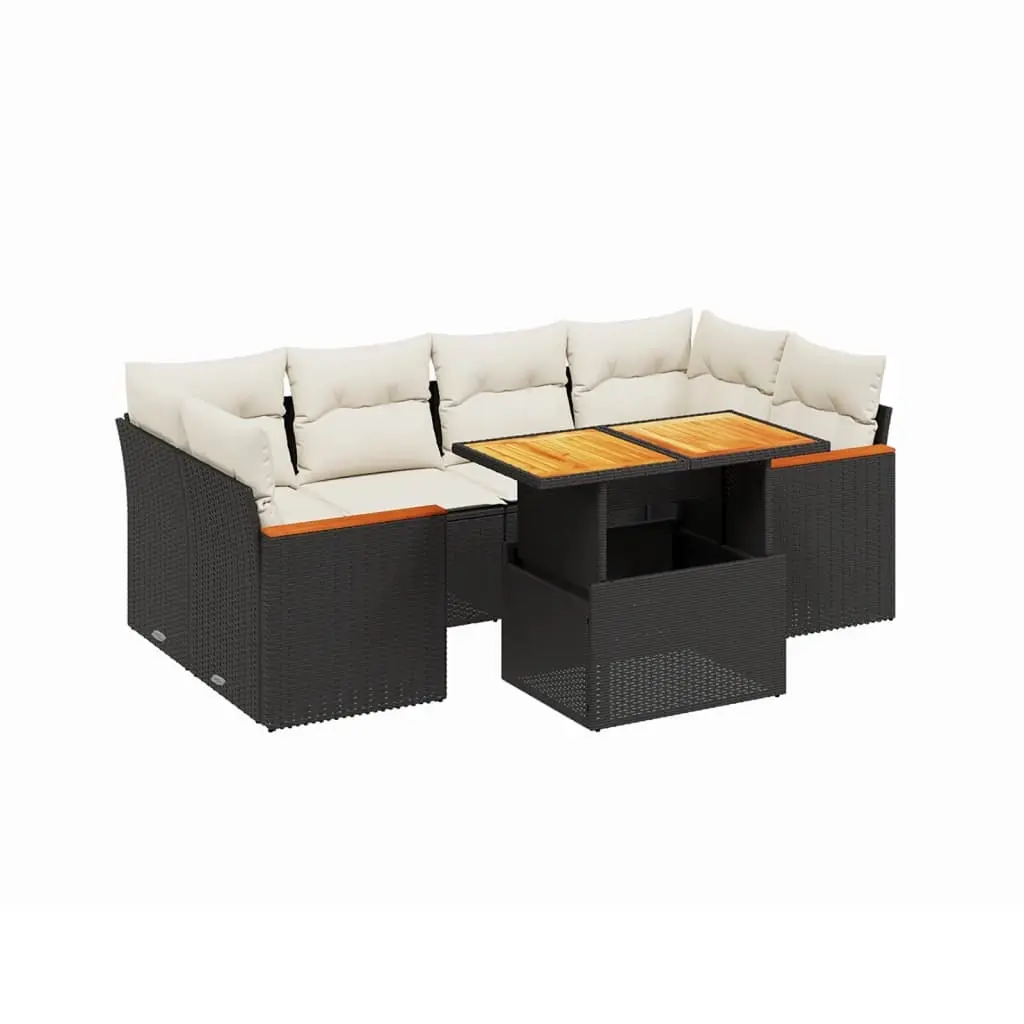 7 Piece Garden Sofa Set with Cushions Black Poly Rattan 3272974 - Furniture