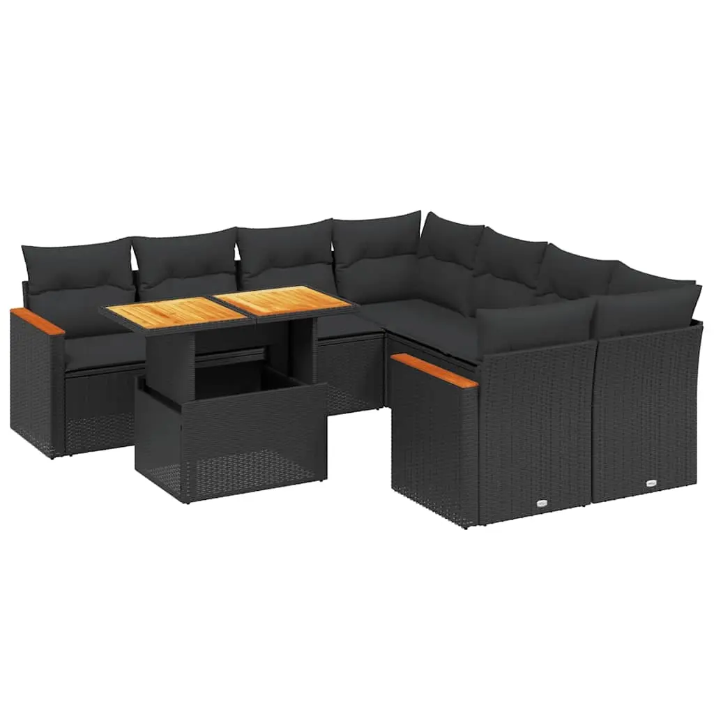9 Piece Garden Sofa Set with Cushions Black Poly Rattan 3273001 - Furniture