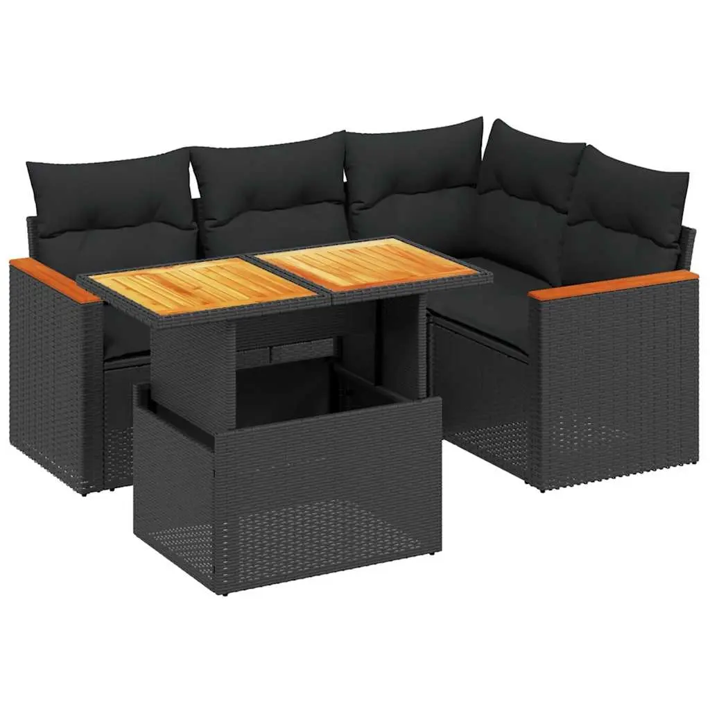 5 Piece Garden Sofa Set with Cushions Black Poly Rattan 3273057 - Furniture