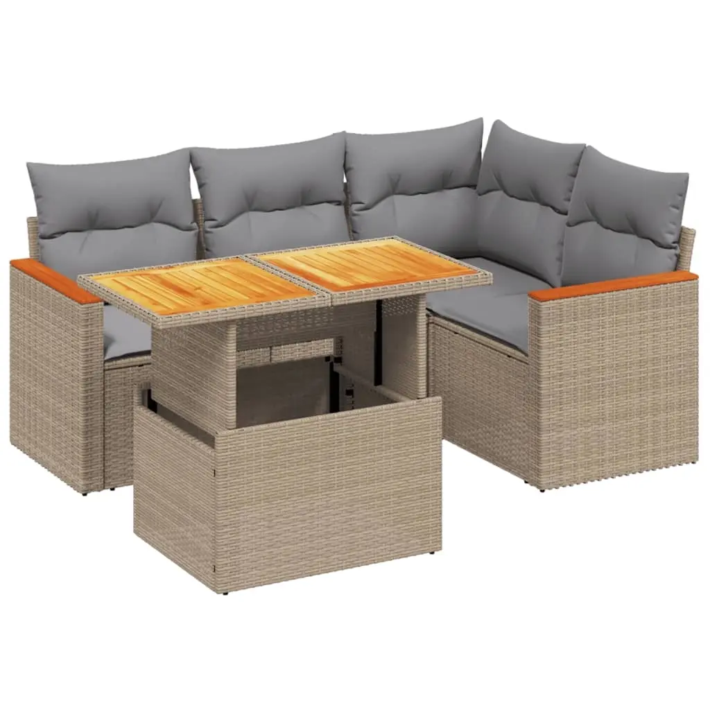 5 Piece Garden Sofa Set with Cushions Beige Poly Rattan 3273061 - Furniture