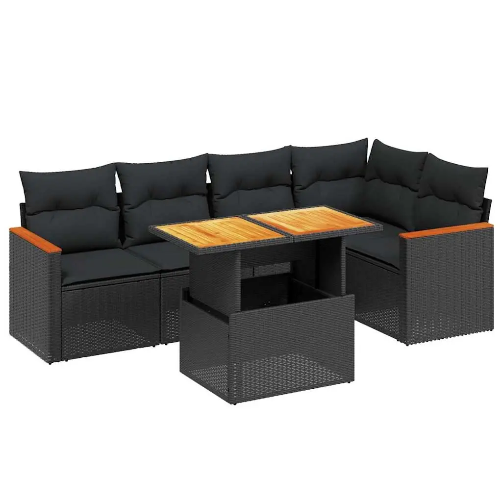 6 Piece Garden Sofa Set with Cushions Black Poly Rattan 3273064 - Furniture