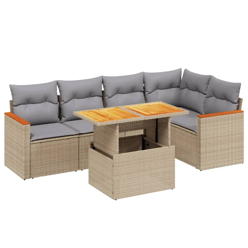6 Piece Garden Sofa Set with Cushions Beige Poly Rattan 3273068 - Furniture