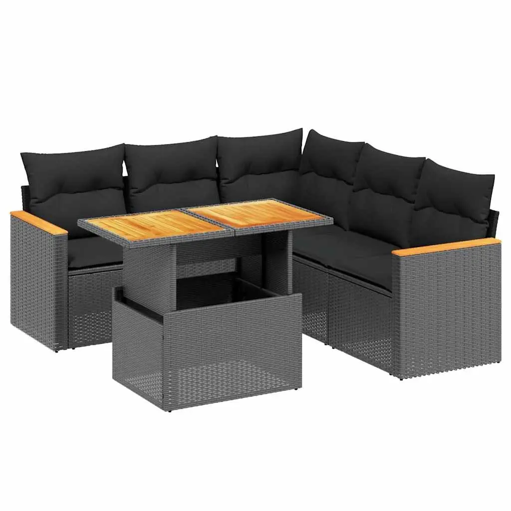 6 Piece Garden Sofa Set with Cushions Black Poly Rattan 3273071 - Furniture