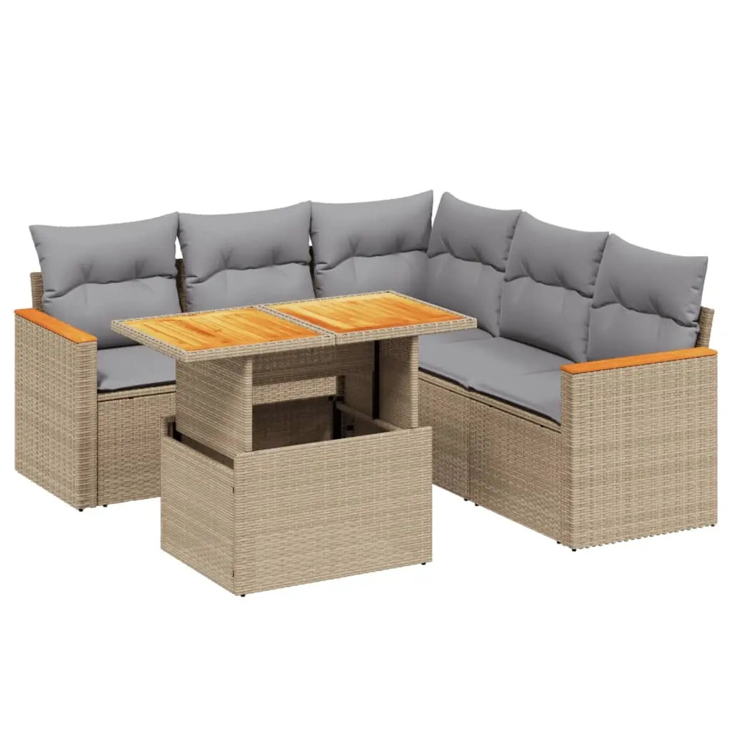 6 Piece Garden Sofa Set with Cushions Beige Poly Rattan 3273075 - Furniture