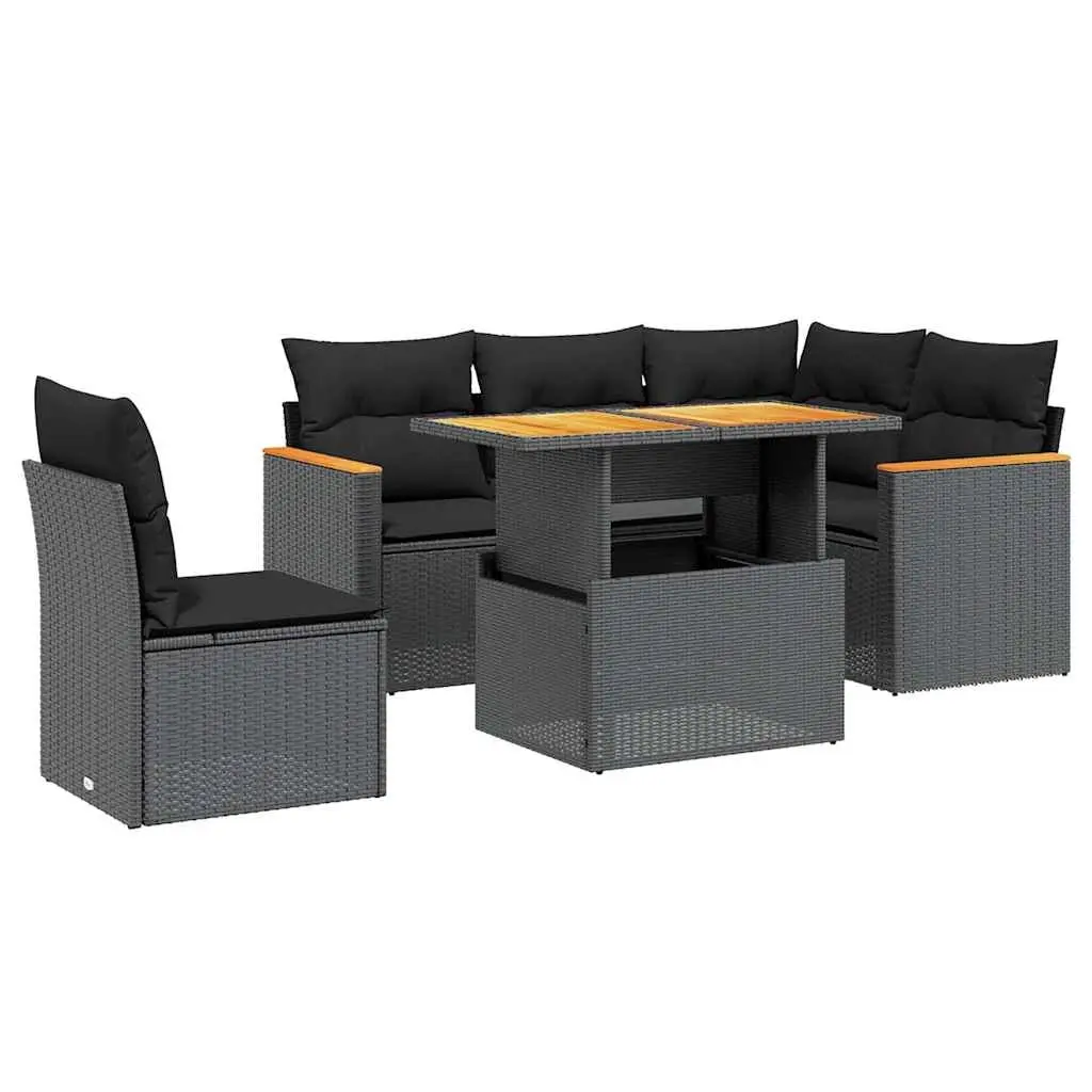 6 Piece Garden Sofa Set with Cushions Black Poly Rattan 3273078 - Furniture
