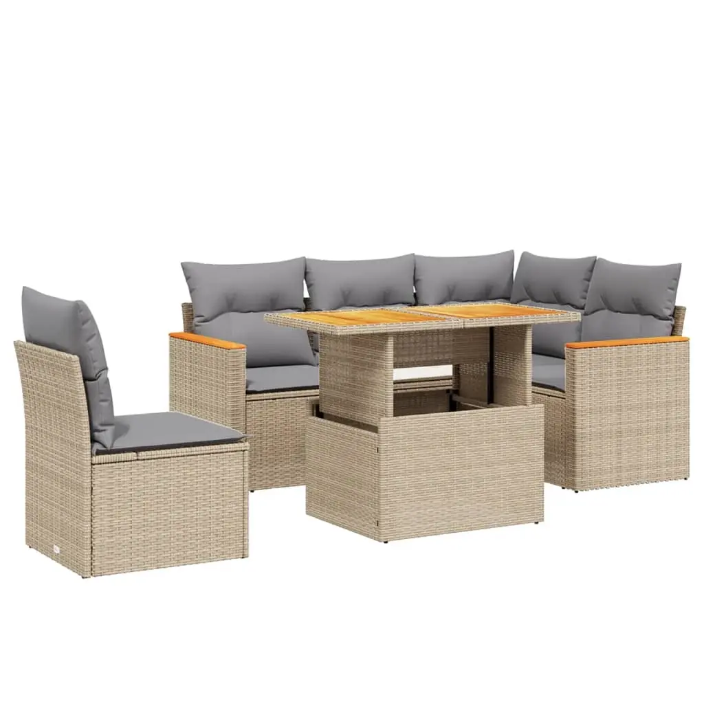 6 Piece Garden Sofa Set with Cushions Beige Poly Rattan 3273082 - Furniture