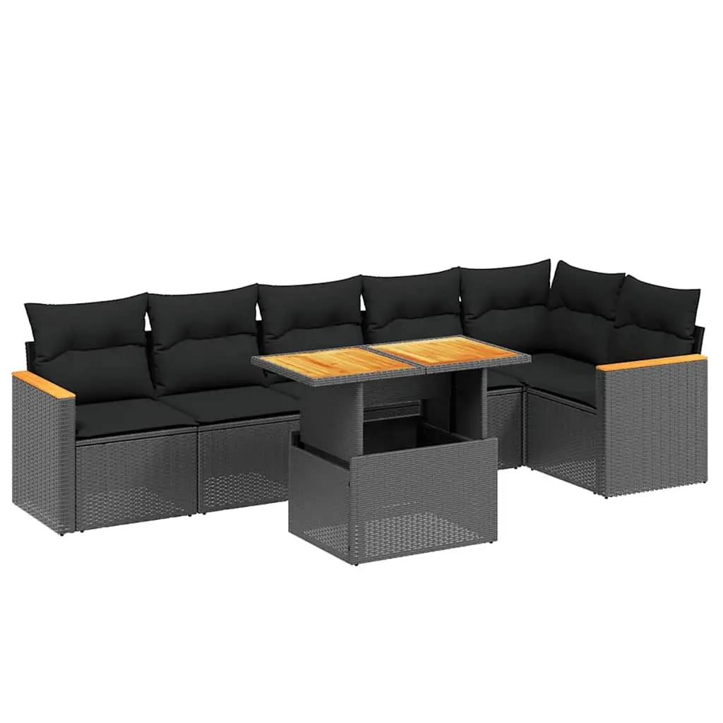 7 Piece Garden Sofa Set with Cushions Black Poly Rattan 3273085 - Furniture