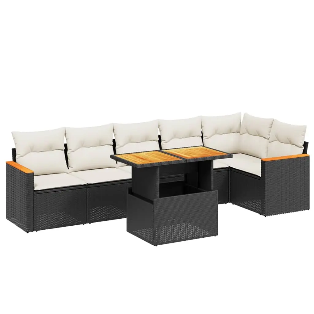 7 Piece Garden Sofa Set with Cushions Black Poly Rattan 3273086 - Furniture
