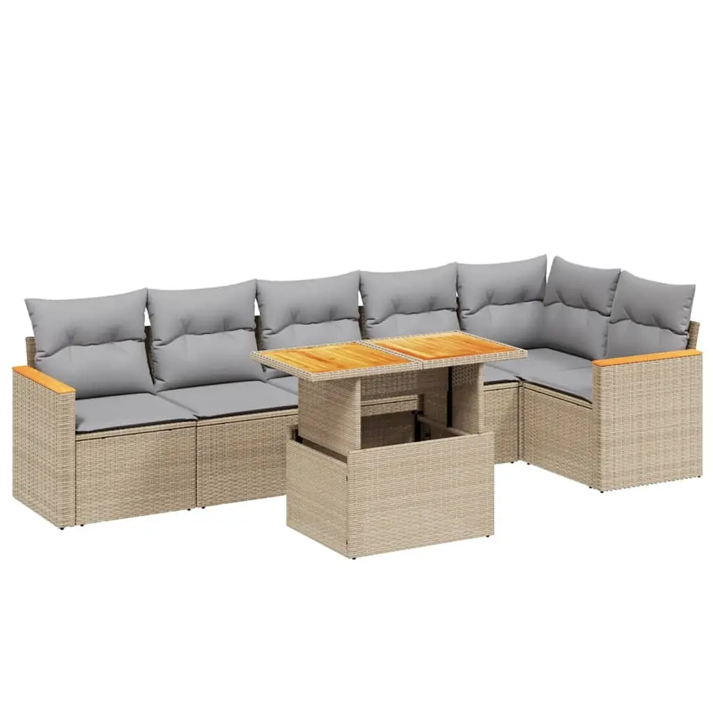 7 Piece Garden Sofa Set with Cushions Beige Poly Rattan 3273089 - Furniture