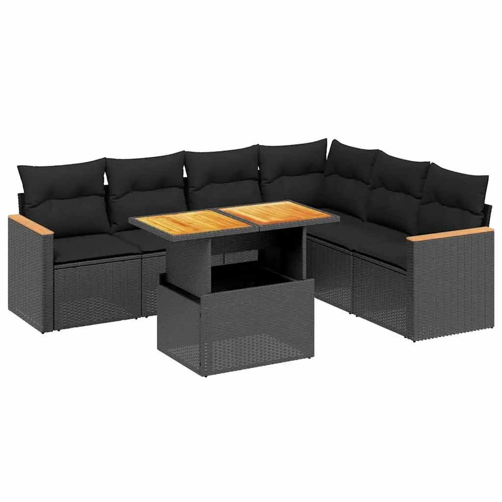 7 Piece Garden Sofa Set with Cushions Black Poly Rattan 3273092 - Furniture