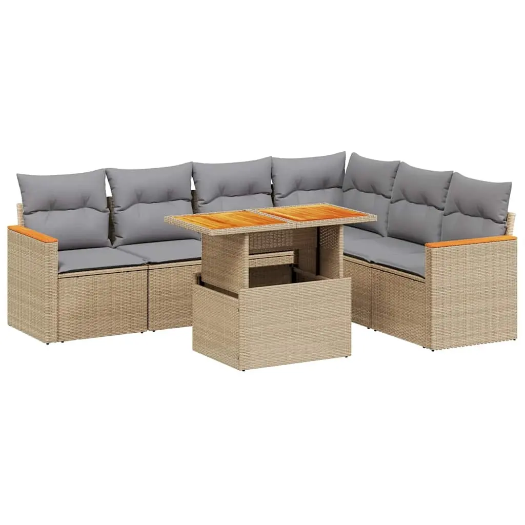 7 Piece Garden Sofa Set with Cushions Beige Poly Rattan 3273096 - Furniture