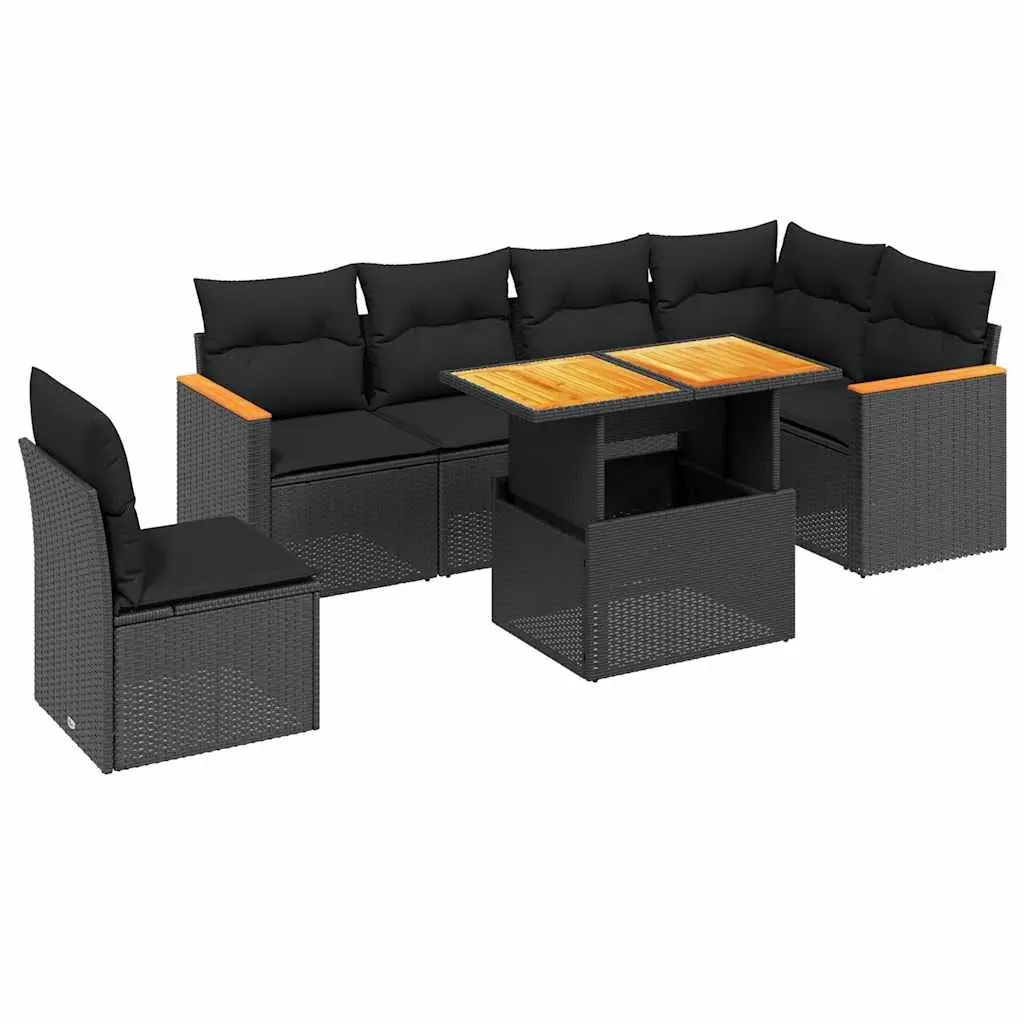 7 Piece Garden Sofa Set with Cushions Black Poly Rattan 3273099 - Furniture