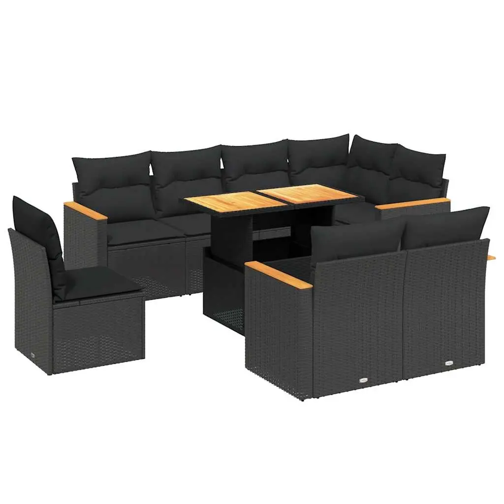 9 Piece Garden Sofa Set with Cushions Black Poly Rattan 3273169 - Furniture