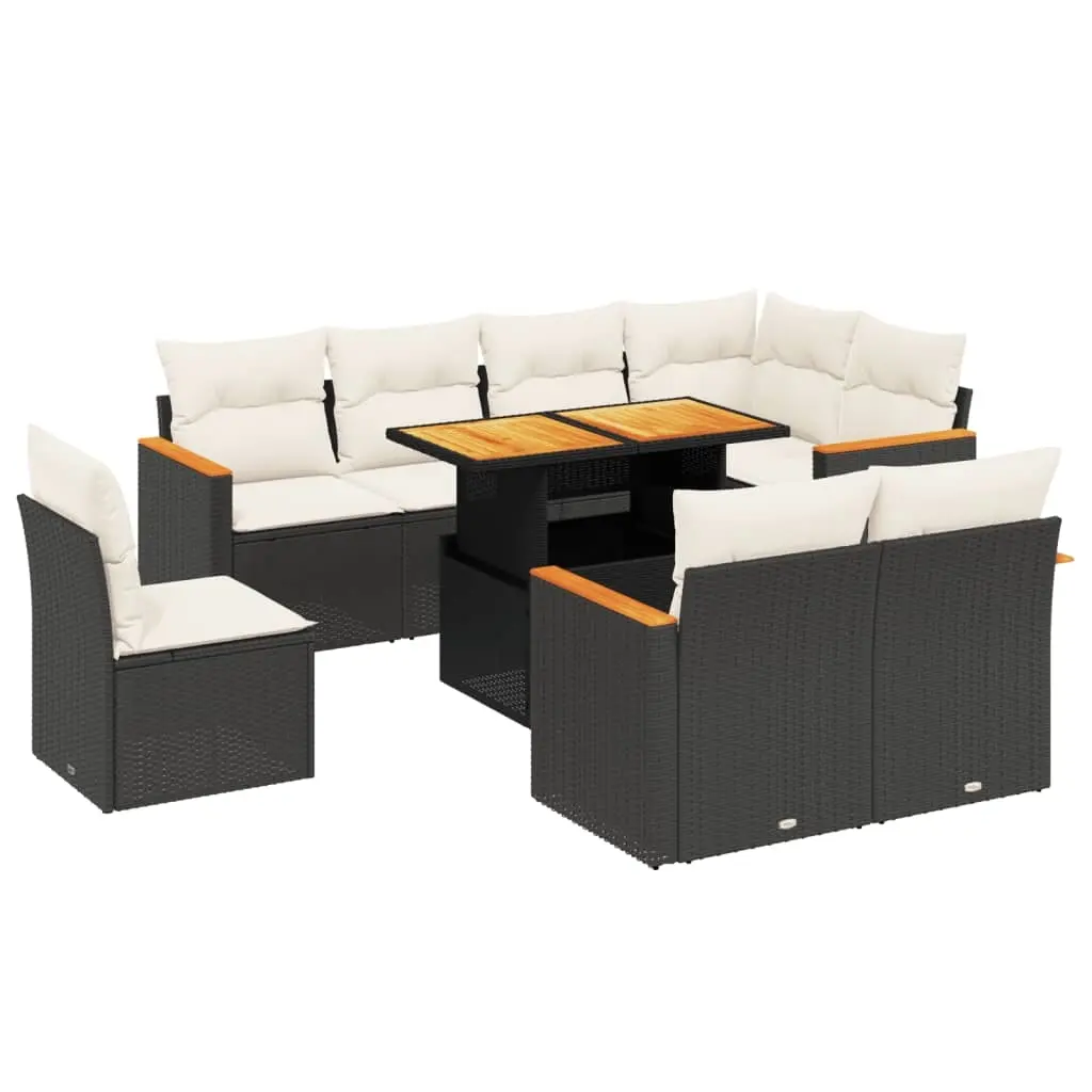 9 Piece Garden Sofa Set with Cushions Black Poly Rattan 3273170 - Furniture
