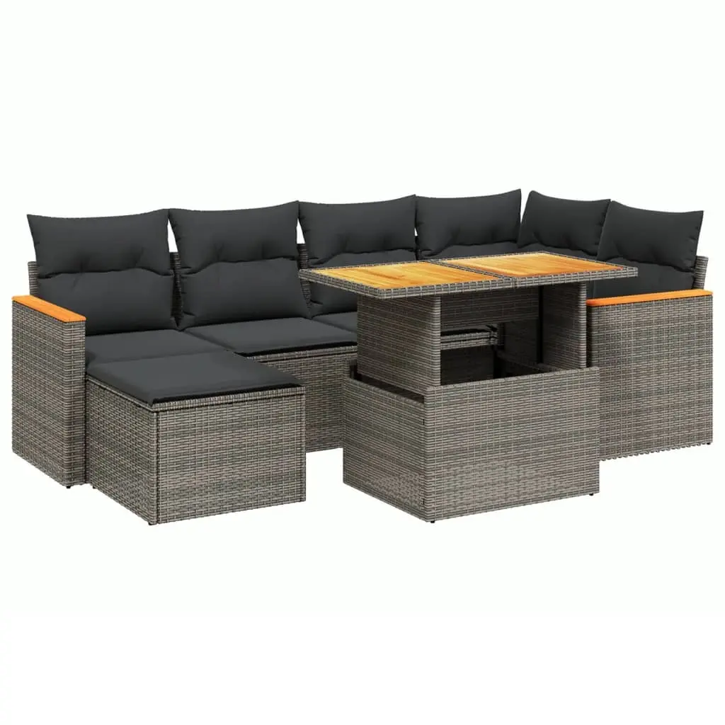 7 Piece Garden Sofa Set with Cushions Grey Poly Rattan 3273181 - Furniture