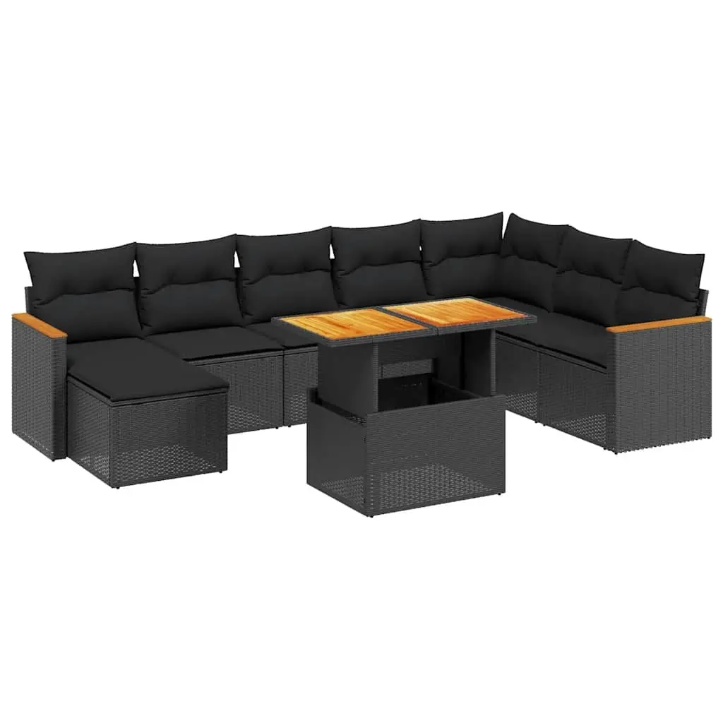 9 Piece Garden Sofa Set with Cushions Black Poly Rattan 3273211 - Furniture