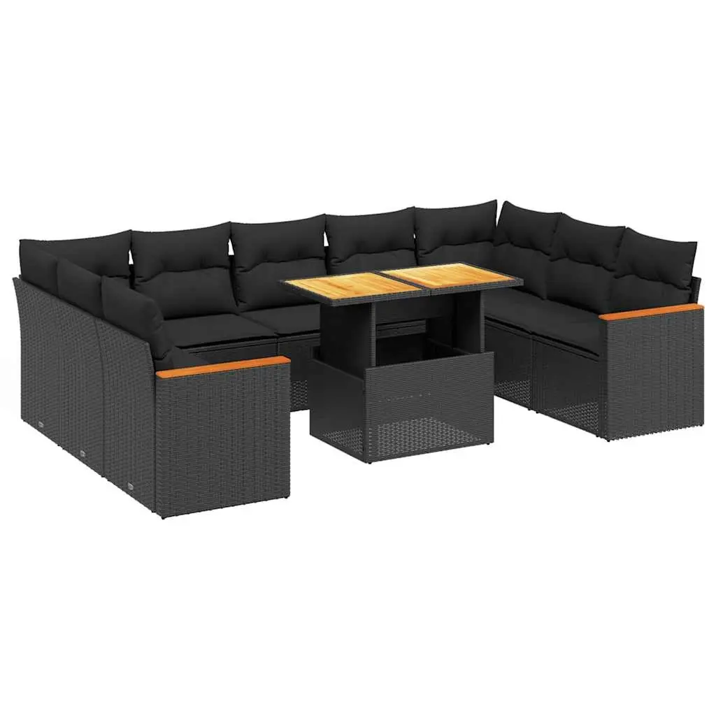 10 Piece Garden Sofa Set with Cushions Black Poly Rattan 3273218 - Furniture