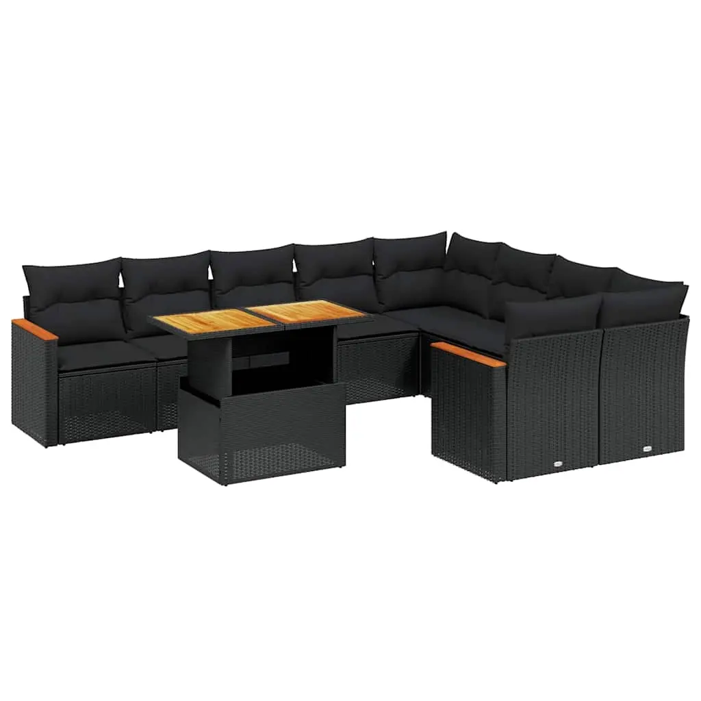 10 Piece Garden Sofa Set with Cushions Black Poly Rattan 3273232 - Furniture