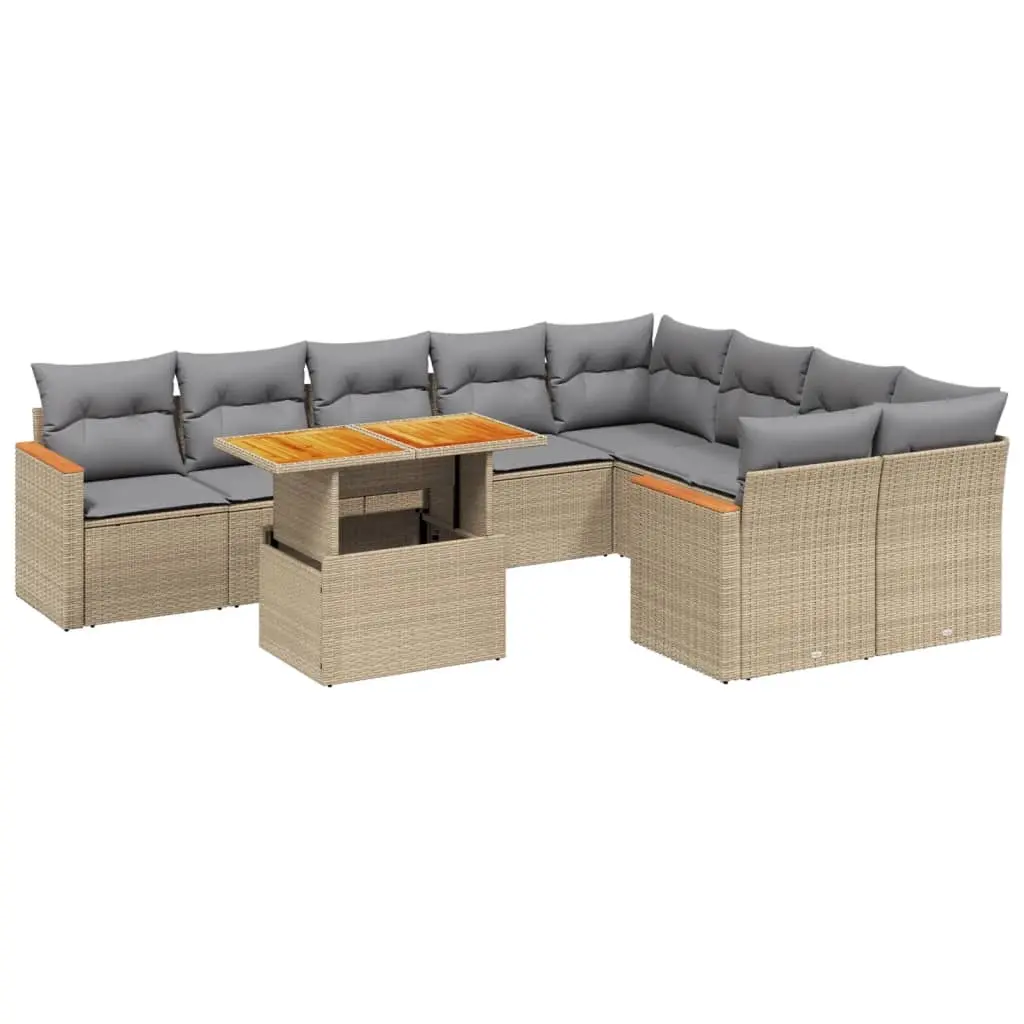 10 Piece Garden Sofa Set with Cushions Beige Poly Rattan 3273236 - Furniture