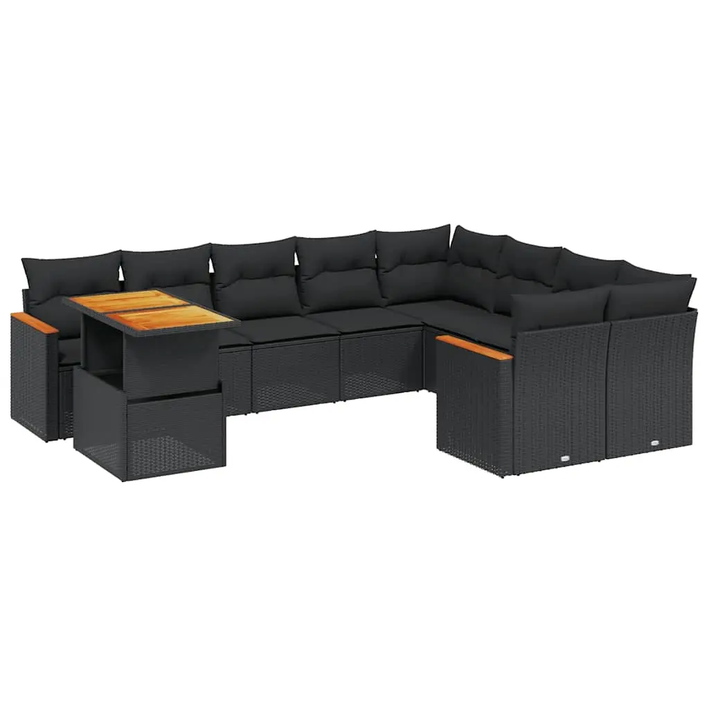 10 Piece Garden Sofa Set with Cushions Black Poly Rattan 3273239 - Furniture