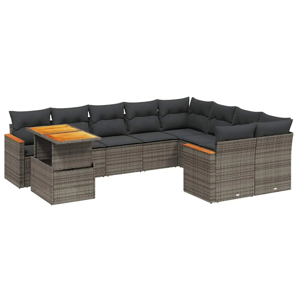 10 Piece Garden Sofa Set with Cushions Grey Poly Rattan 3273244 - Furniture