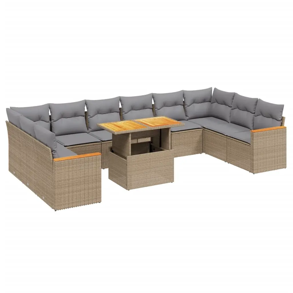 11 Piece Garden Sofa Set with Cushions Beige Poly Rattan 3273250 - Furniture