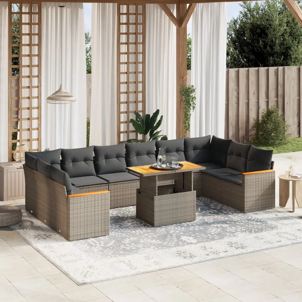 11 Piece Garden Sofa Set with Cushions Grey Poly Rattan 3273251 - Furniture