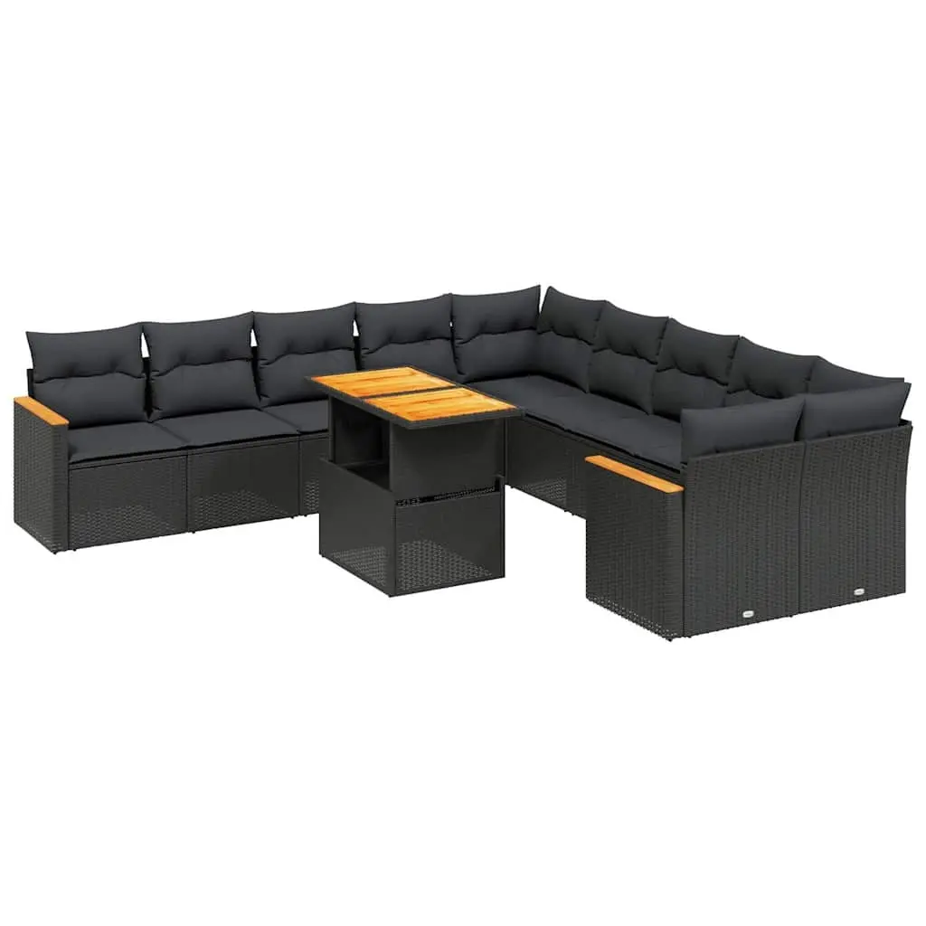11 Piece Garden Sofa Set with Cushions Black Poly Rattan 3273260 - Furniture