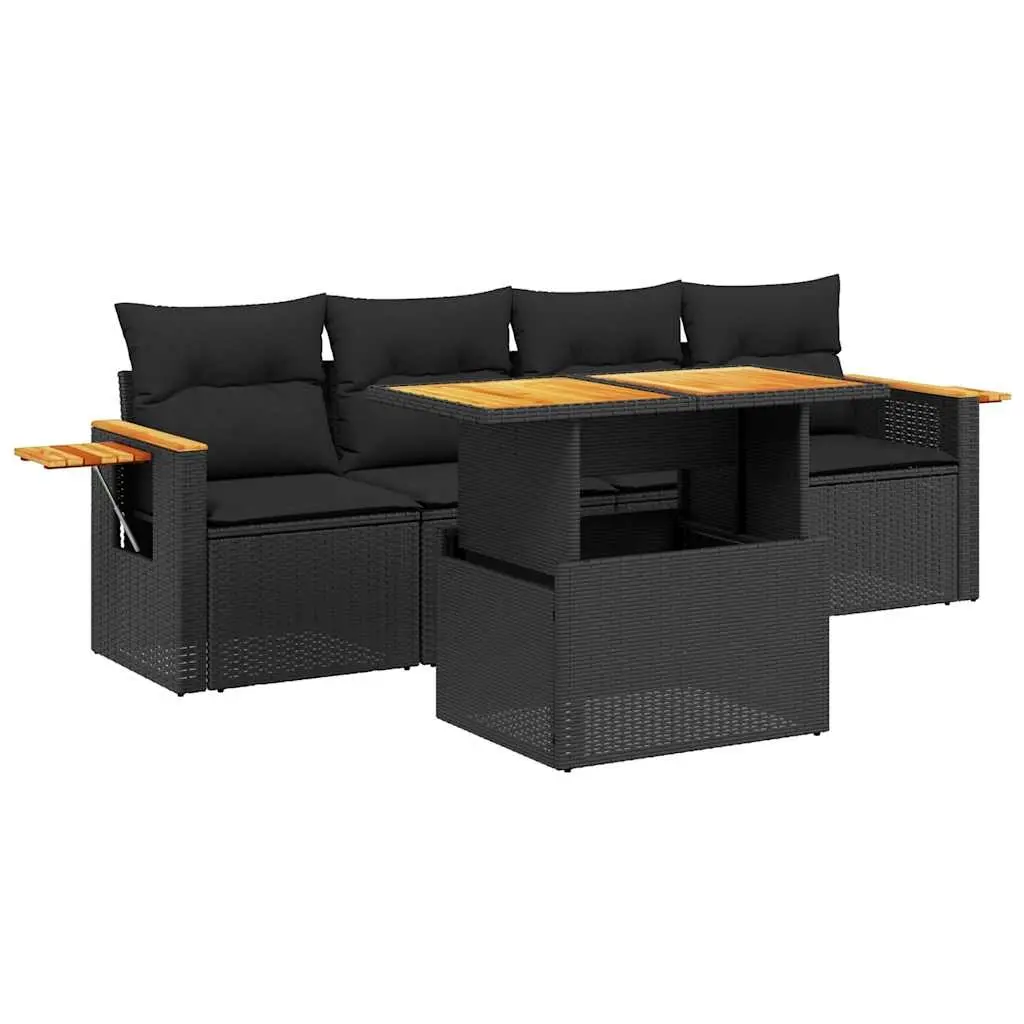 5 Piece Garden Sofa Set with Cushions Black Poly Rattan 3273393 - Furniture