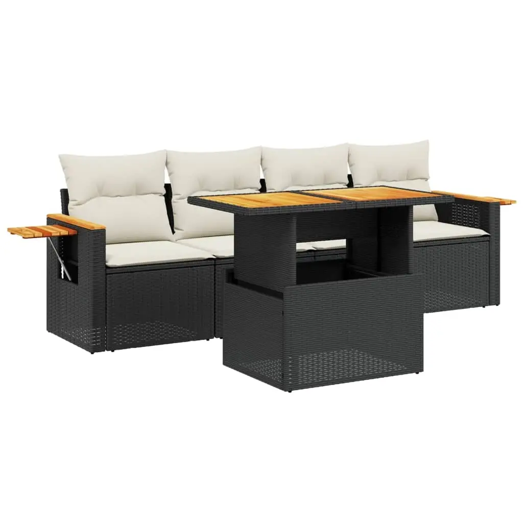 5 Piece Garden Sofa Set with Cushions Black Poly Rattan 3273394 - Furniture