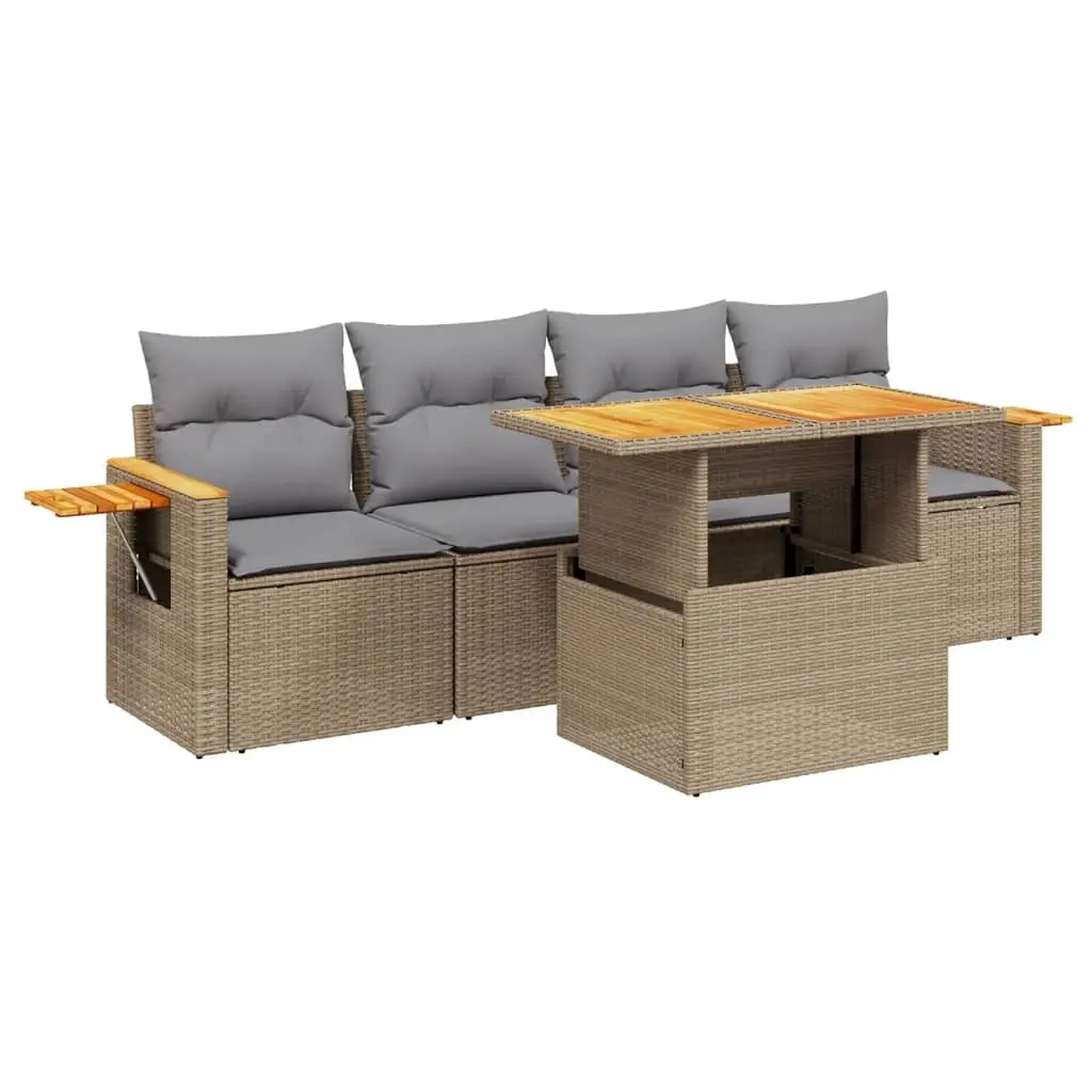 5 Piece Garden Sofa Set with Cushions Beige Poly Rattan 3273397 - Furniture