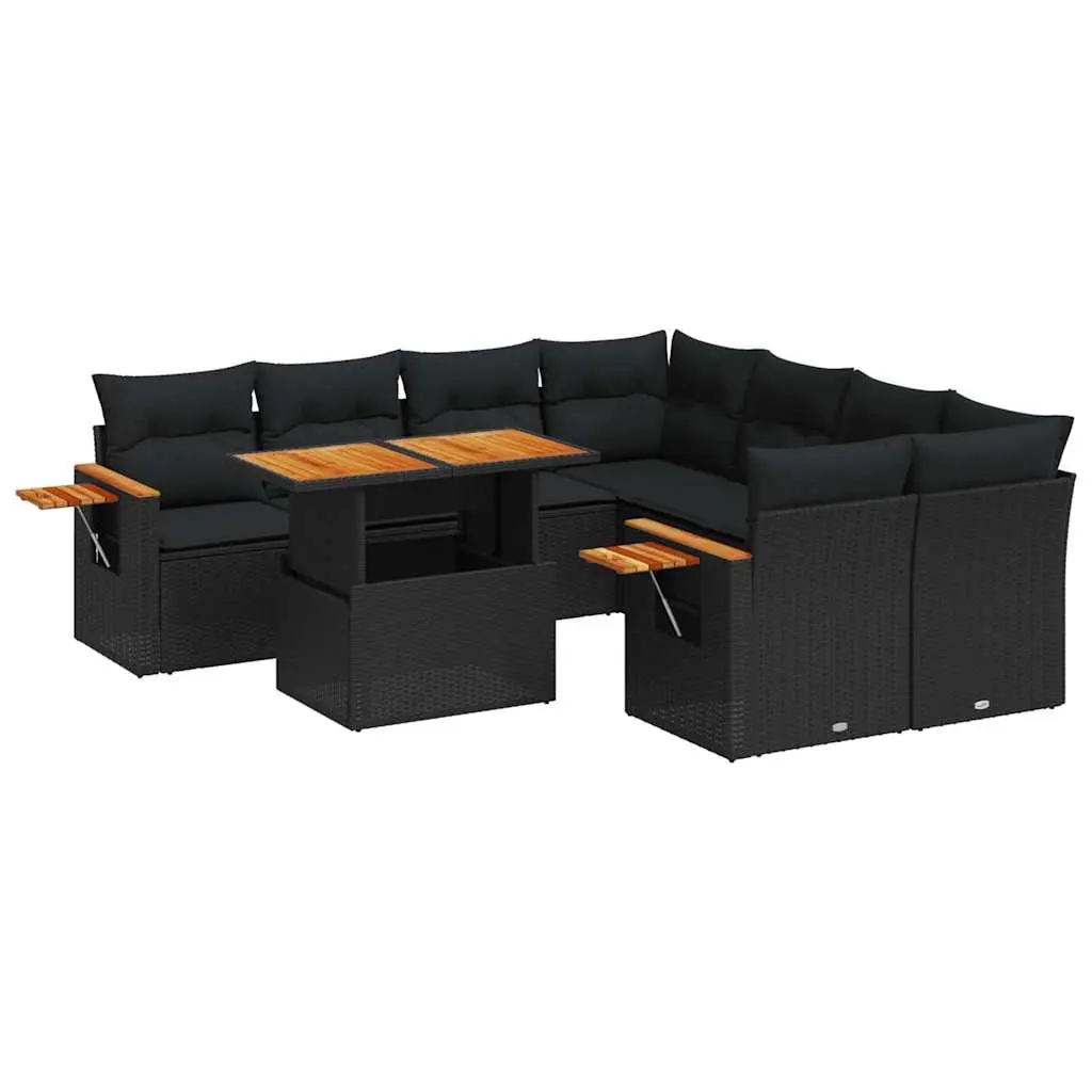 9 Piece Garden Sofa Set with Cushions Black Poly Rattan 3273442 - Furniture
