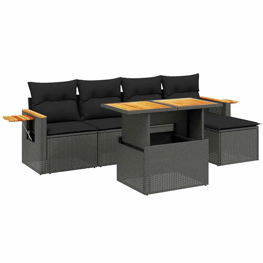 6 Piece Garden Sofa Set with Cushions Black Poly Rattan 3273491 - Furniture