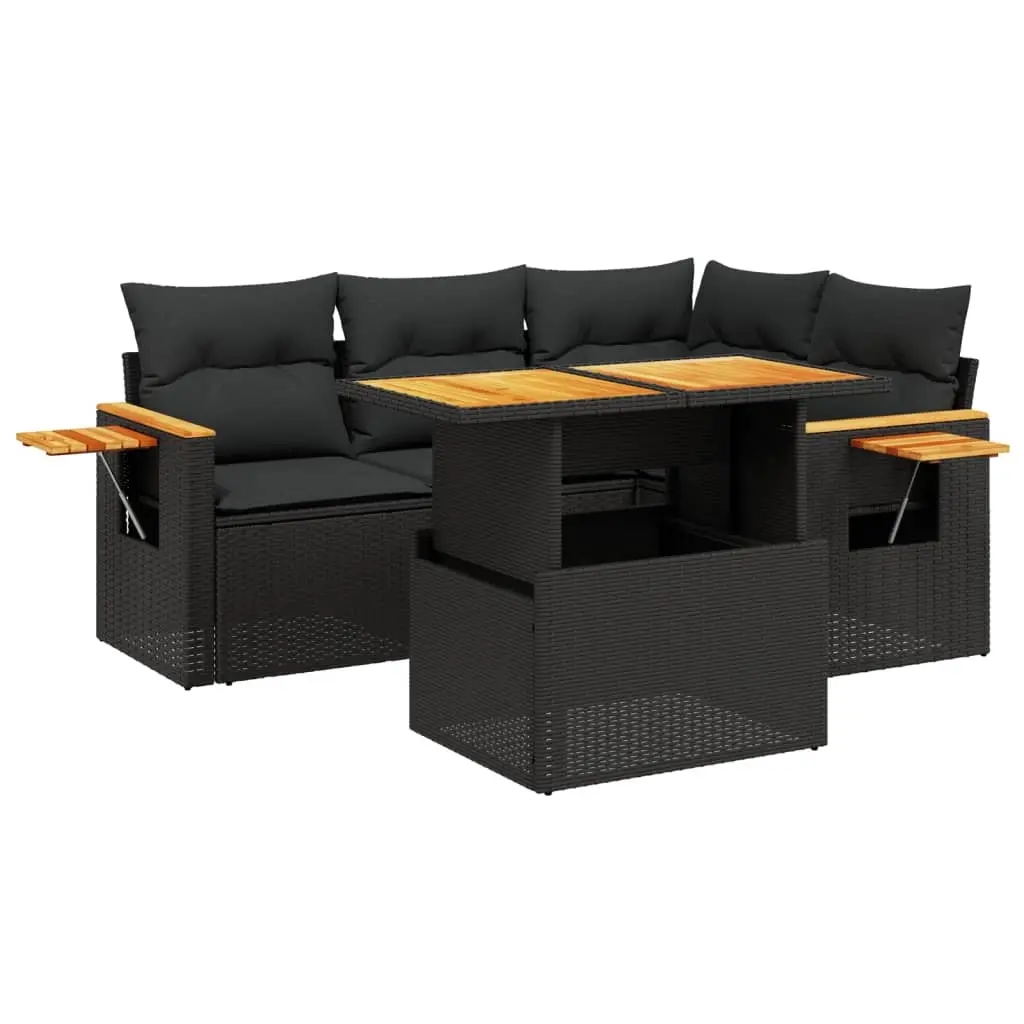 5 Piece Garden Sofa Set with Cushions Black Poly Rattan 3273498 - Furniture