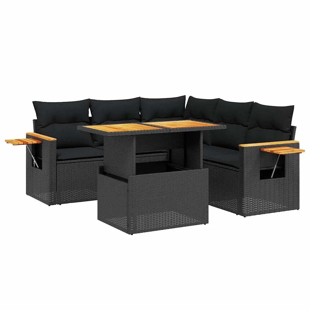 6 Piece Garden Sofa Set with Cushions Black Poly Rattan 3273512 - Furniture