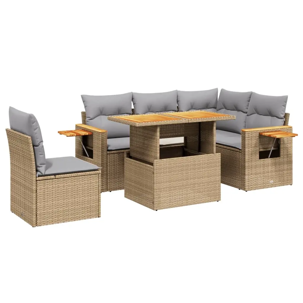 6 Piece Garden Sofa Set with Cushions Beige Poly Rattan 3273523 - Furniture