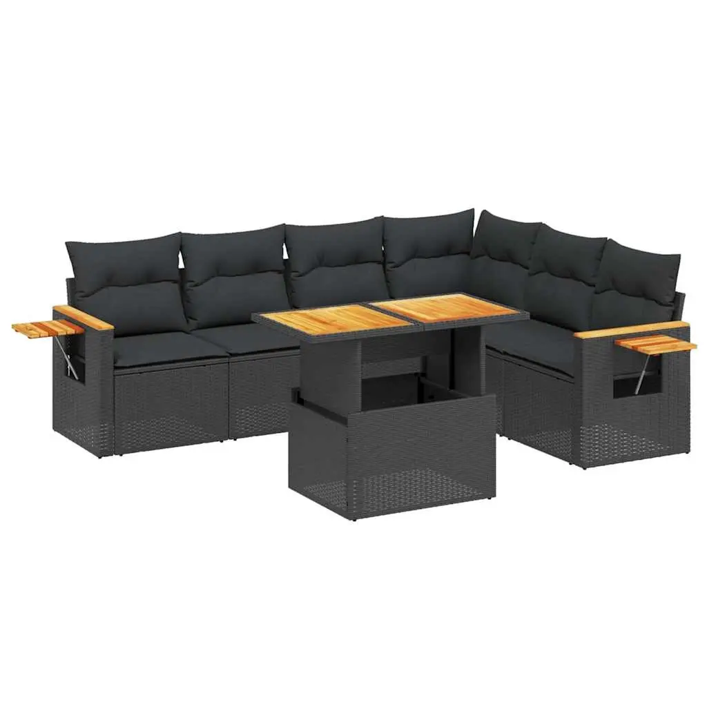 7 Piece Garden Sofa Set with Cushions Black Poly Rattan 3273533 - Furniture
