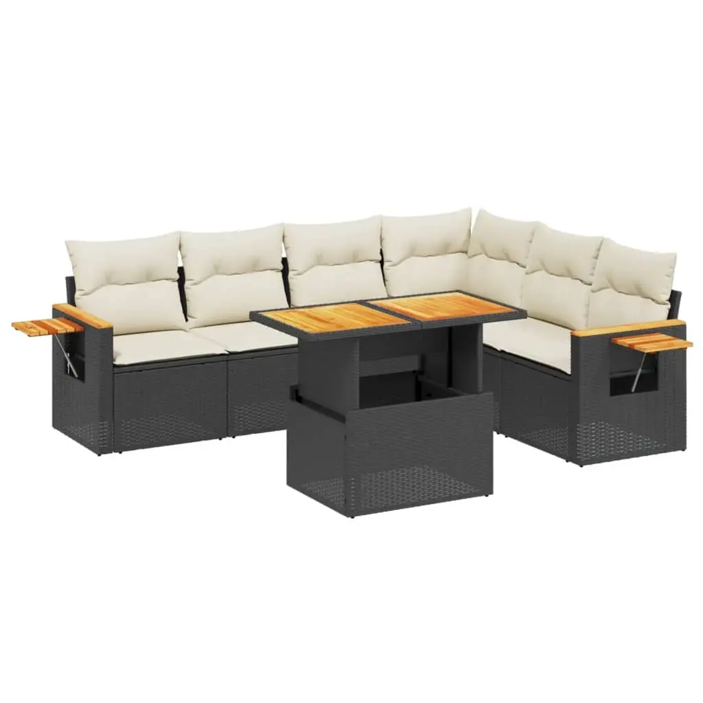 7 Piece Garden Sofa Set with Cushions Black Poly Rattan 3273534 - Furniture