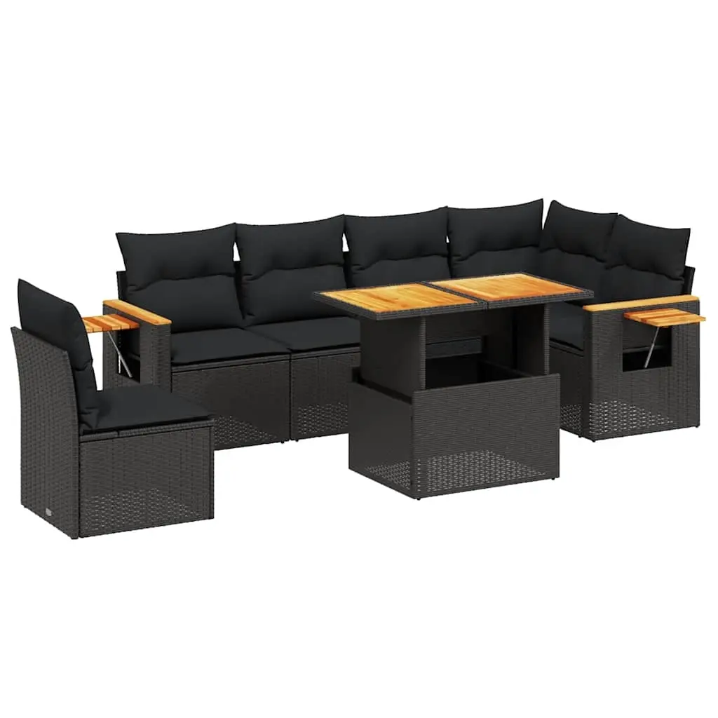 7 Piece Garden Sofa Set with Cushions Black Poly Rattan 3273540 - Furniture