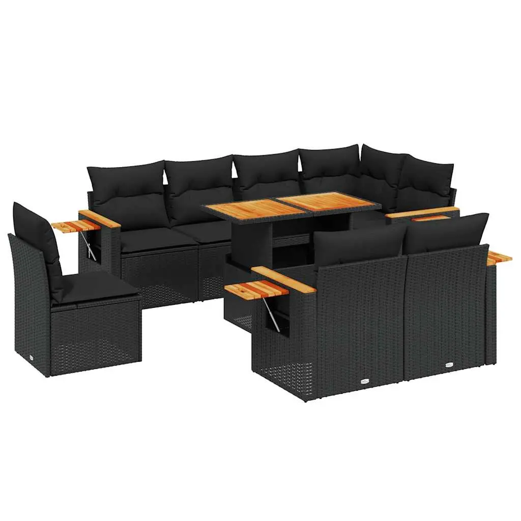 9 Piece Garden Sofa Set with Cushions Black Poly Rattan 3273610 - Furniture