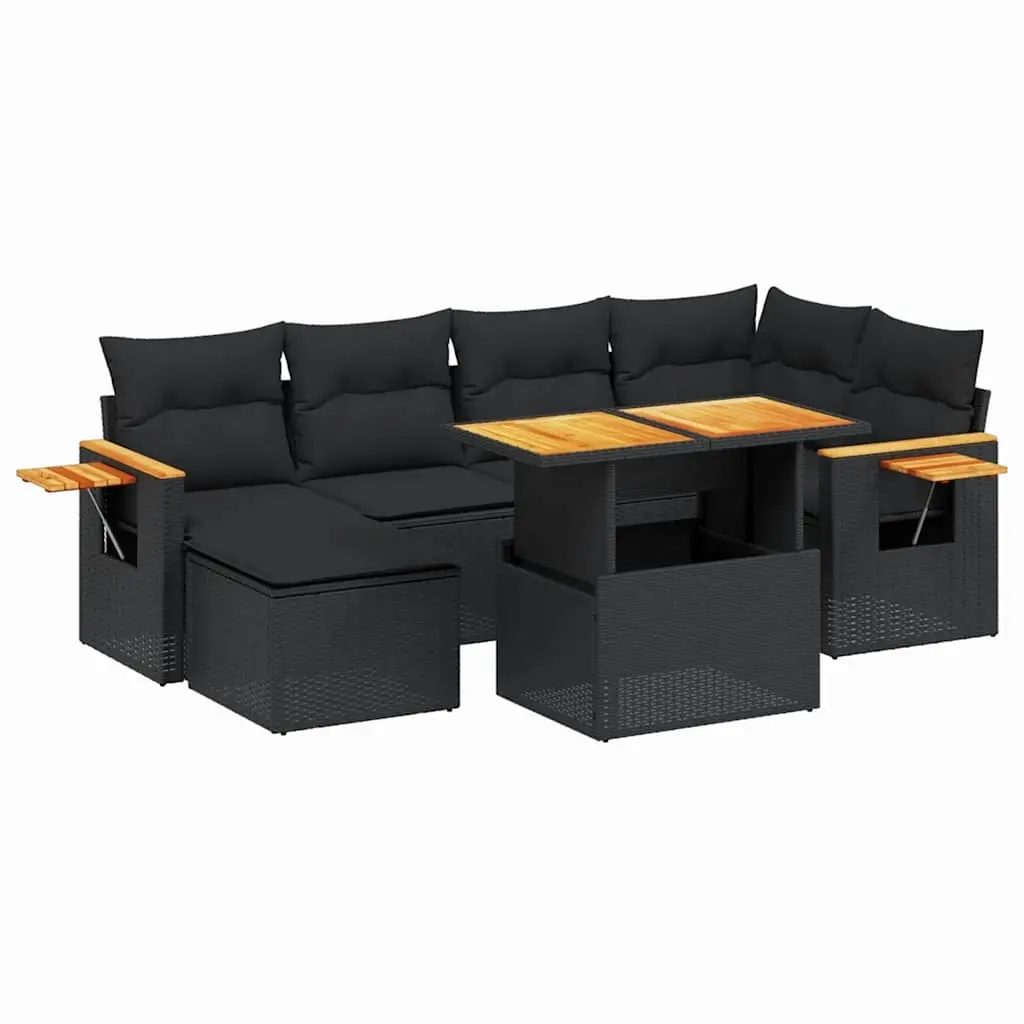 7 Piece Garden Sofa Set with Cushions Black Poly Rattan 3273617 - Furniture