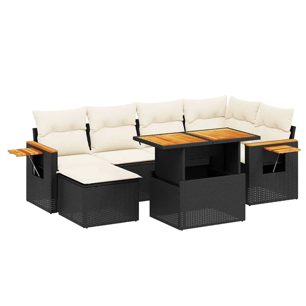 7 Piece Garden Sofa Set with Cushions Black Poly Rattan 3273618 - Furniture