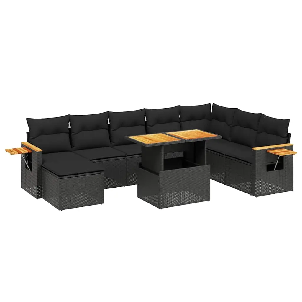 9 Piece Garden Sofa Set with Cushions Black Poly Rattan 3273652 - Furniture
