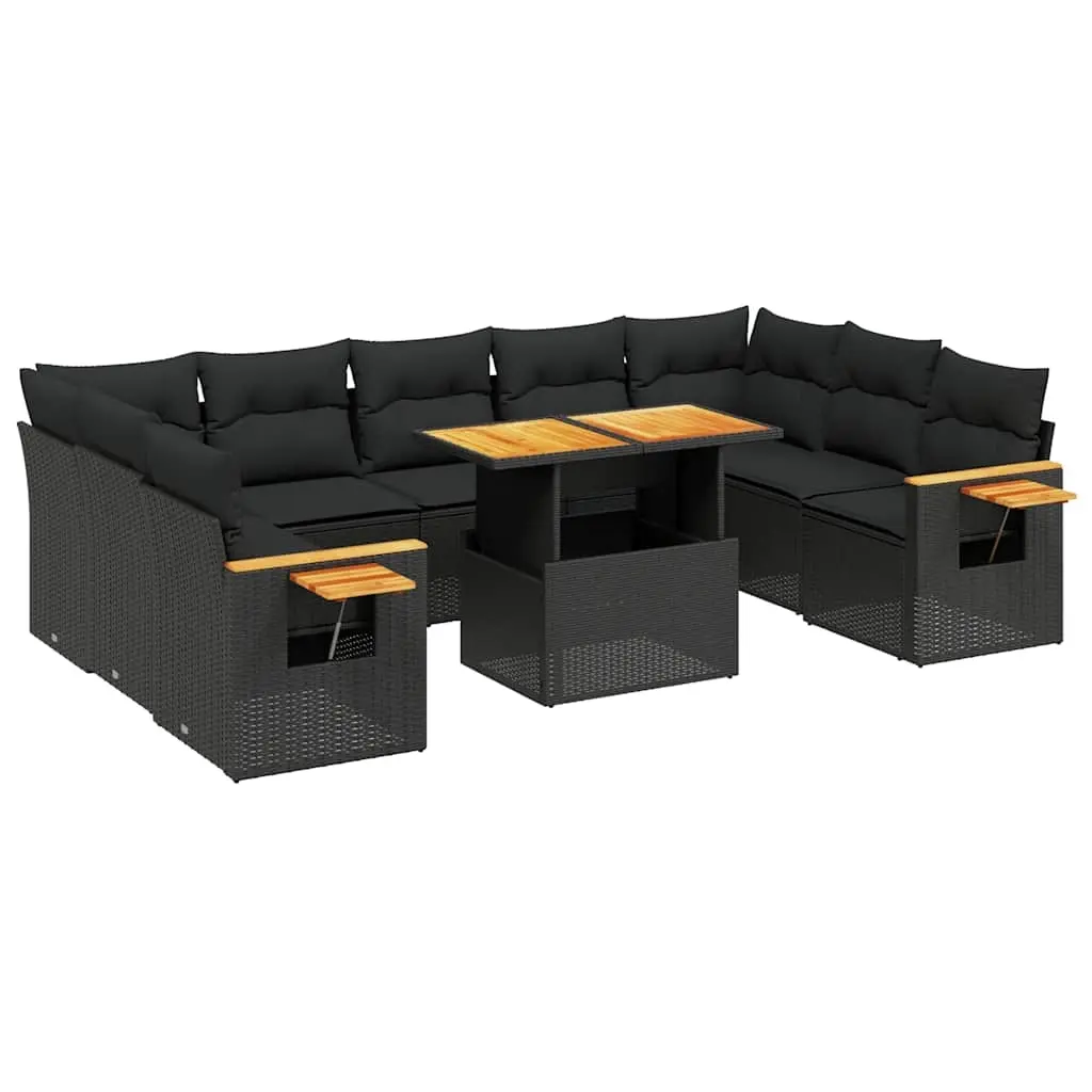 10 Piece Garden Sofa Set with Cushions Black Poly Rattan 3273659 - Furniture