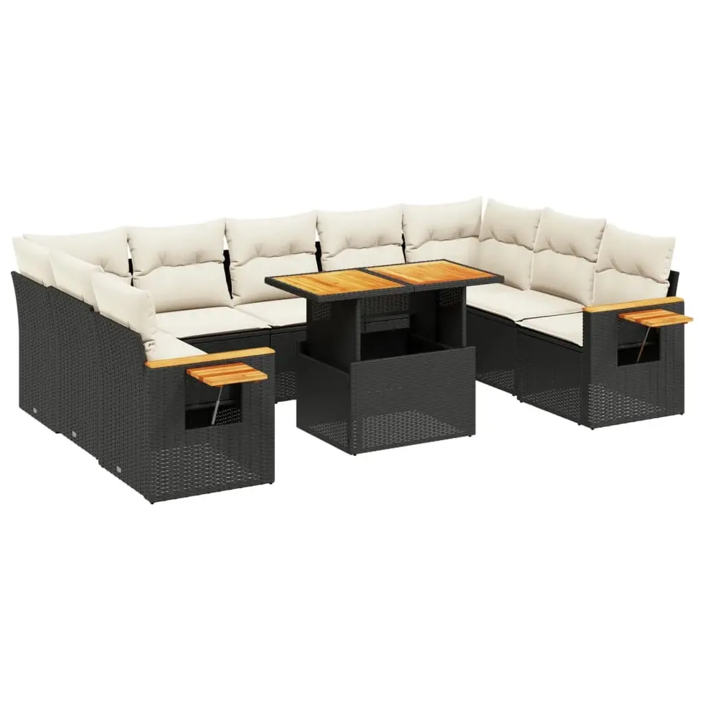 10 Piece Garden Sofa Set with Cushions Black Poly Rattan 3273660 - Furniture
