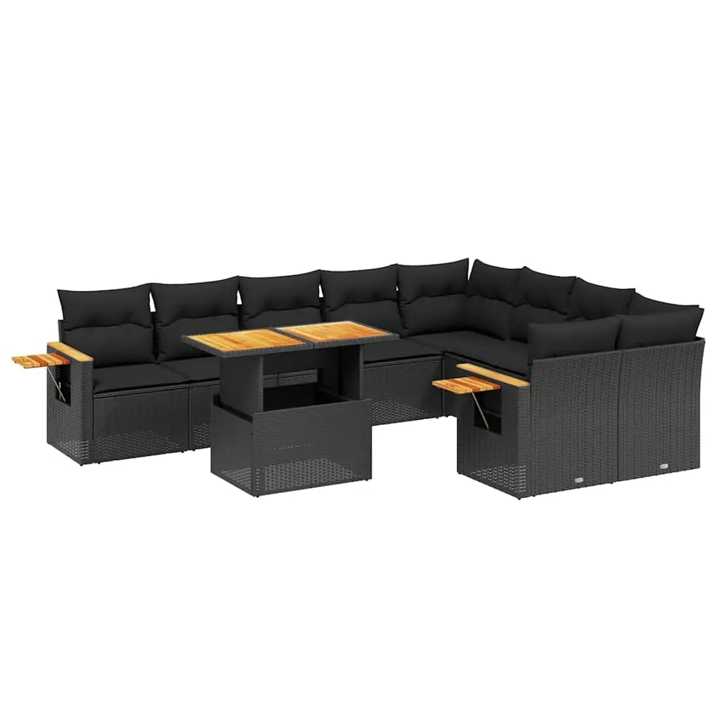 10 Piece Garden Sofa Set with Cushions Black Poly Rattan 3273673 - Furniture