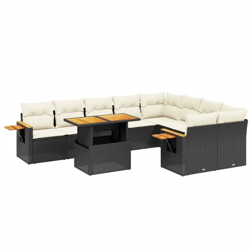10 Piece Garden Sofa Set with Cushions Black Poly Rattan 3273674 - Furniture